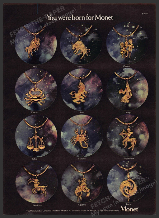 Monet Zodiac Collection Pendants 1970s Print Advertisement 1977 Monet