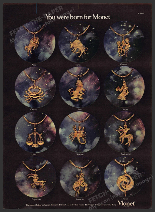 Monet Zodiac Collection Pendants 1970s Print Advertisement 1977 Monet