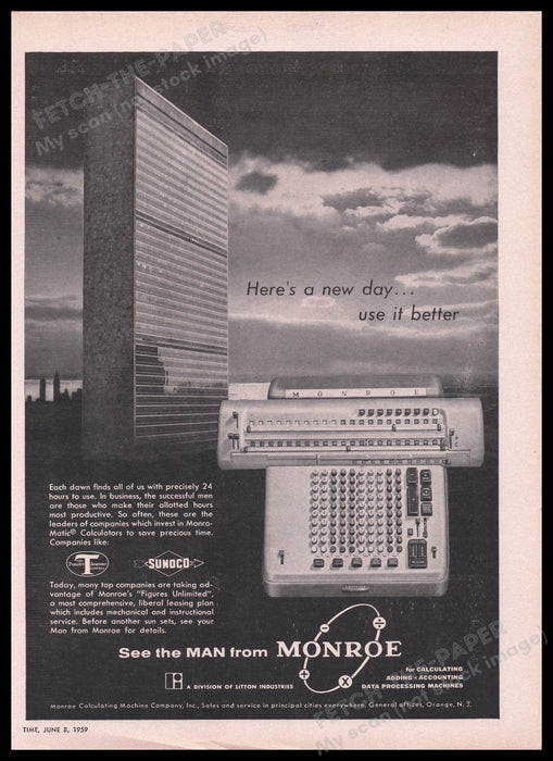 Monroe Monro-matic Calculator Office Building 1950s Print Advertisement Ad 1959 Fetch the Paper!