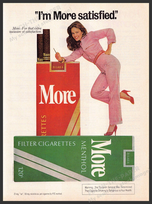 More Cigarettes 1980s Print Advertisement 1981 "I'm more satisfied" Fetch-the-Paper