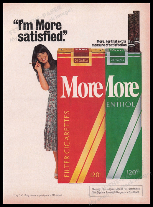 More Cigarettes 1980s Print Advertisement Ad 1980 "I'm More Satisfied" Fetch the Paper!