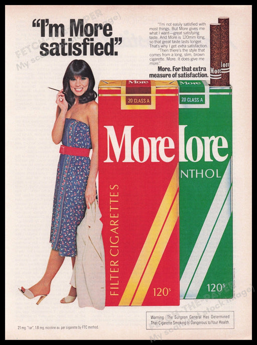 More Cigarettes 1980s Print Advertisement Ad 1980 I'm More Satisfied Fetch the Paper!