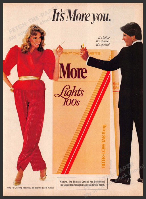 More Lights 100s 1980s Print Advertisement 1983 Legs Pantsuit Couple Fetch-the-Paper