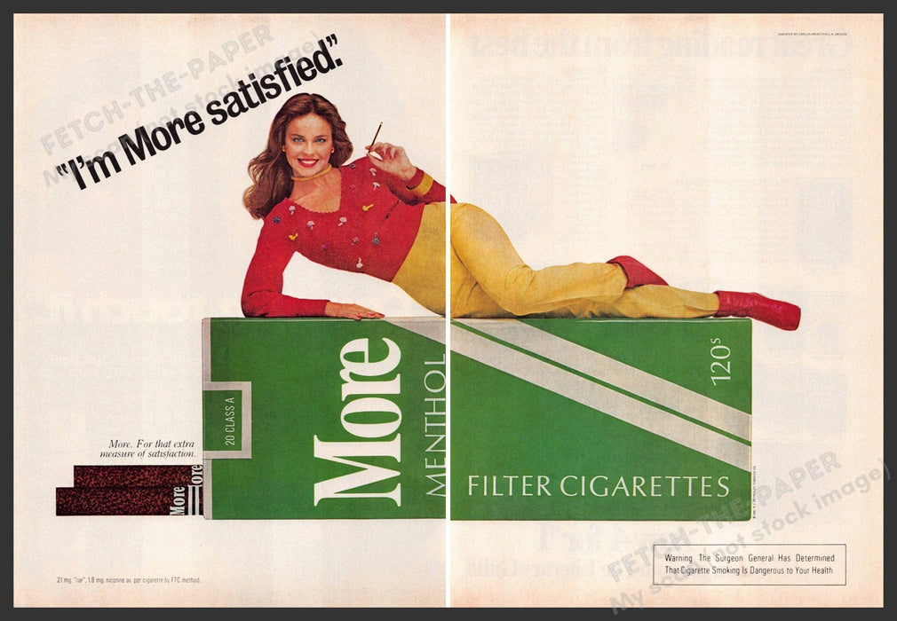 More Menthol 1980s Magazine Print Ad (2 pages) 1981 "I'm More satisfied" Fetch-the-Paper