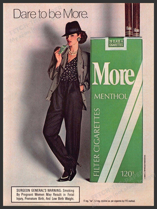 More Menthol 1980s Magazine Print Advertisement Ad 1986 Girl "Dare to be more" Fetch-the-Paper