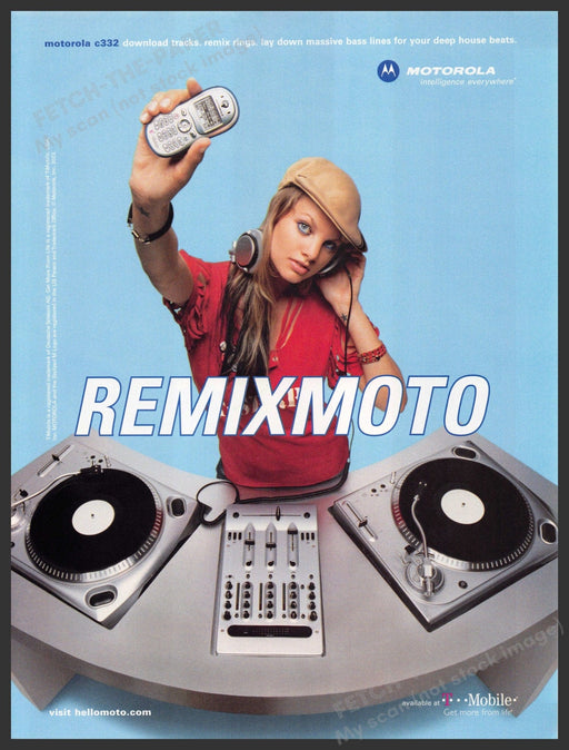 Motorola c332 Phone 2000s Print Advertisement 2003 Girl D.J. Turntable Fetch-the-Paper