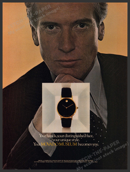 Movado Museum Watch 1970s Print Advertisement Ad 1977 Hands Face Style Fetch-the-Paper