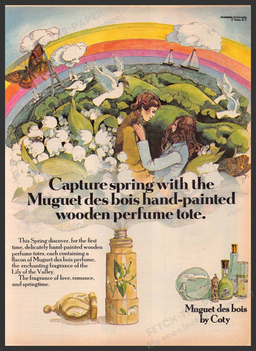 Muguet des bois by Coty 1970s Print Advertisement 1977 Rainbow Coty