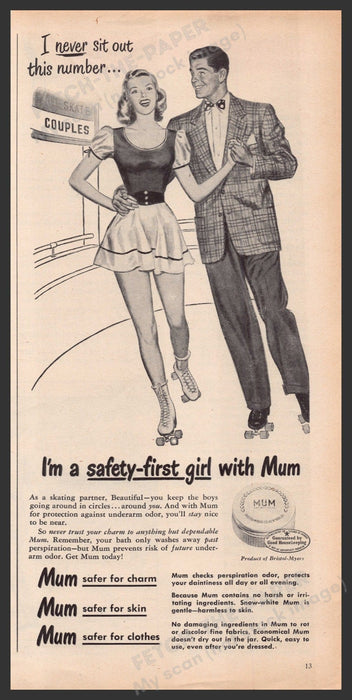 Mum Deodorant Couple Roller Skating 1940s Print Advertisement Ad 1948 Fetch-the-Paper