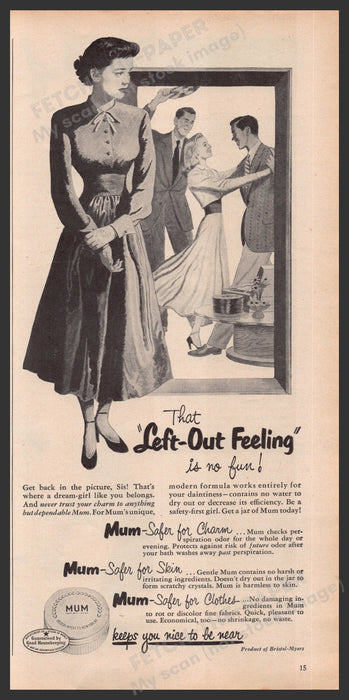 Mum Deodorant Dance 1940s Print Advertisement Ad 1949 "Left-out feeling" Fetch-the-Paper