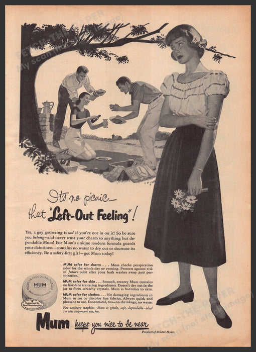 Mum Deodorant "Left out feeling!" 1940s Print Advertisement Ad 1949 Fetch-the-Paper