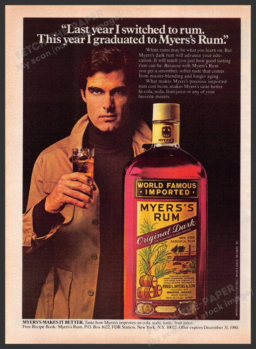 Myer's Rum 1970s Print Advertisement 1979 Original Dark Switched Guy Myer's Rum
