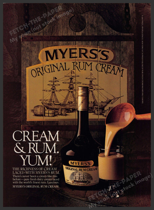 Myer's Rum 1980s Print Advertisement 1984 Cream & Rum Barrel Fetch-the-Paper