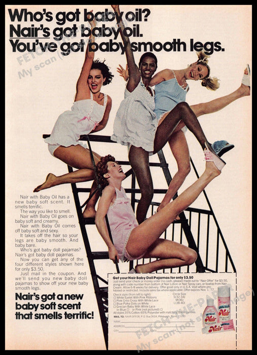 Nair 1970s Print Advertisement 1977 Legs Girls Stairs Baby Oil Smooth Nair