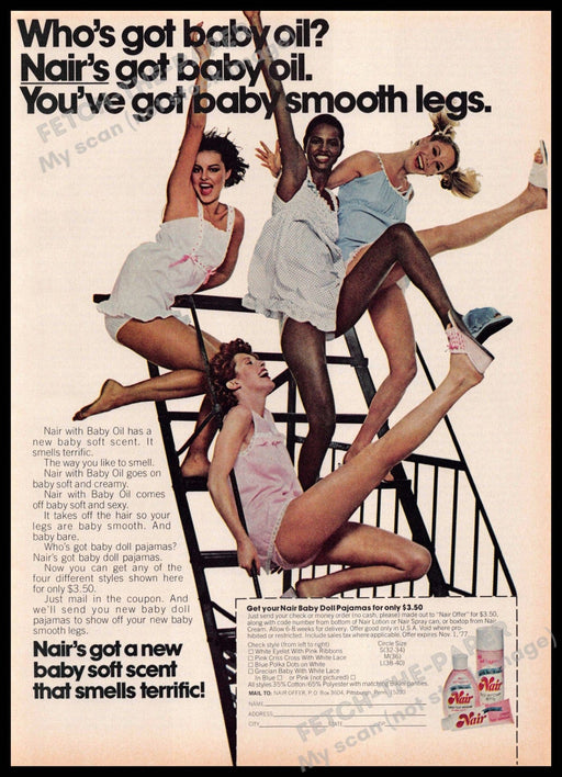 Nair 1970s Print Advertisement 1977 Legs Girls Stairs Baby Oil Smooth Nair