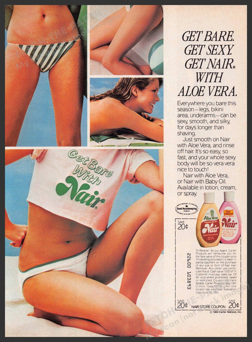 Nair 1980s Magazine Print Advertisement 1984 Get Bare Get Sexy Legs Bikini Fetch-the-Paper