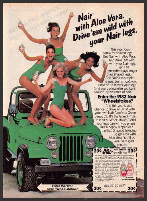 Nair & Jeep Collaboration 1980s Print Advertisement 1983 Girls Legs Wheelstakes Fetch-the-Paper