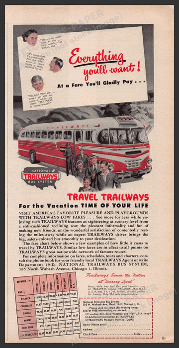 National Trailways Bus System 1940s Print Advertisement Ad 1949 Fetch-the-Paper