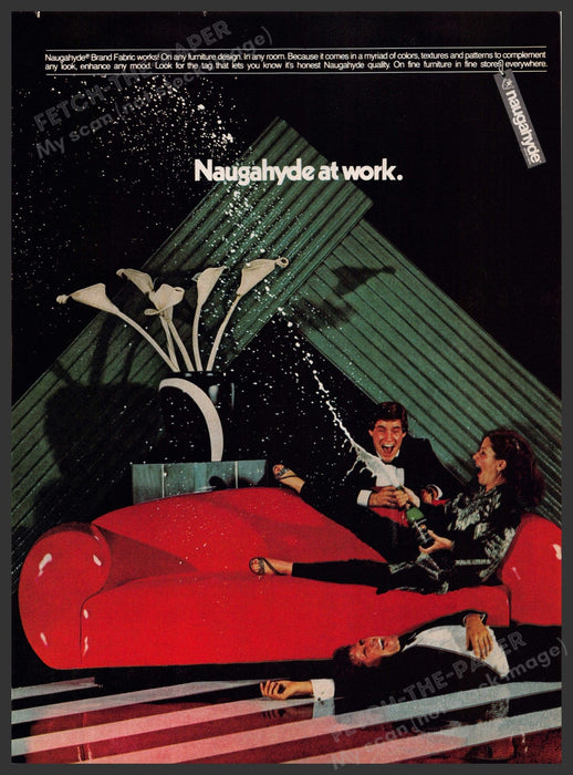 Naugahyde Couch 1980s Print Advertisement 1981 Exploding Champagne Bottle Fetch-the-Paper