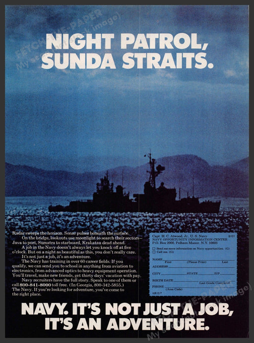 Navy 1970s Magazine Print Advertisement 1977 Night Patrol Sunda Straits U.S. Navy