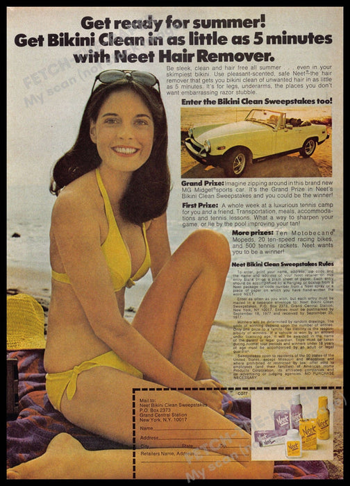 Neet 1970s Print Advertisement 1977 Sweepstakes MG Midget Legs Bikini Girl Neet