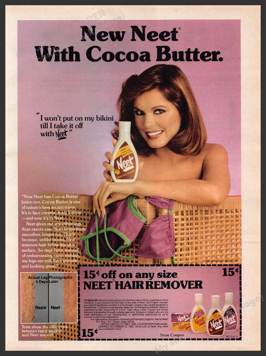 Neet with Cocoa Butter 1980s Print Advertisement 1981 Bikini Changing Neet