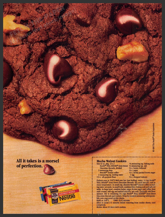 Nestle 1980s Magazine Print Advertisement 1986 "Mocha Walnut Cookies" Recipe Nestle