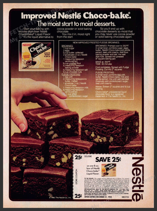 Nestle 1980s Print Ad 1981 Choco-bake Chocolate Frosted Brownies Recipe Fetch-the-Paper
