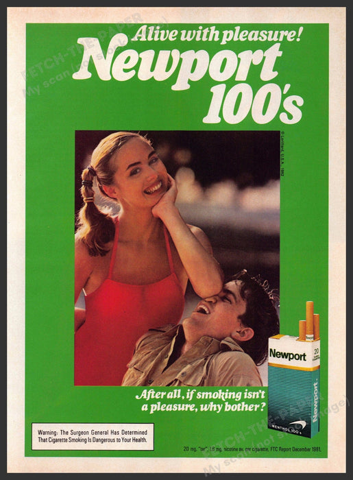Newport 100's 1980s Print Advertisement 1982 Girl Smushing Guy's Nose Fetch-the-Paper