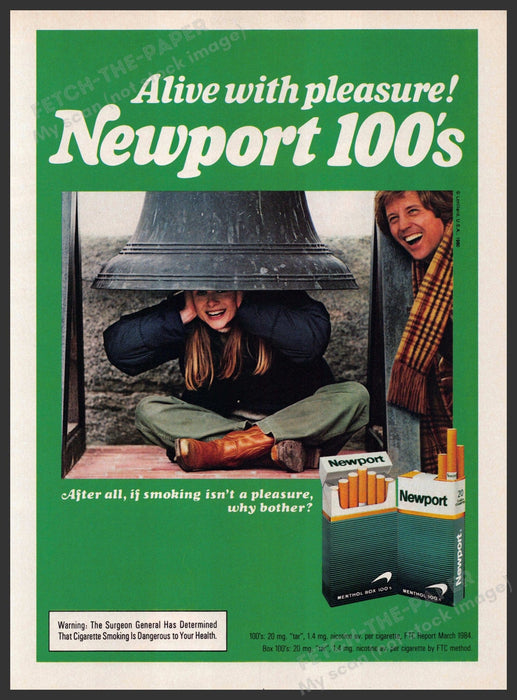 Newport 100's 1980s Print Advertisement 1984 Large Bell "Alive with pleasure" Newport Cigarettes