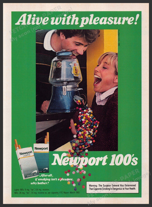 Newport 100's Cigarettes 1980s Print Advertisement 1983 Gumball Machine Fetch-the-Paper