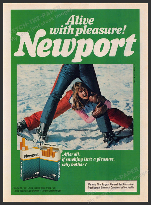 Newport Cigarettes 1980s Print Advertisement 1983 Splits Downhill Skiing Fetch-the-Paper