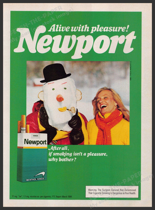 Newport Cigarettes 1980s Print Advertisement 1985 Girl Snowman Pipe Fetch-the-Paper