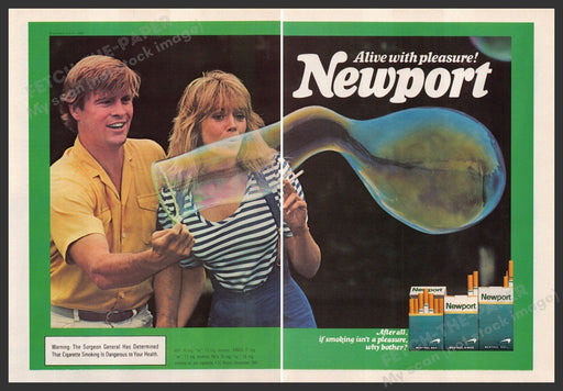 Newport Cigarettes 1980s Print Advertisement (2 page) 1983 Couple Blowing Bubble Fetch-the-Paper