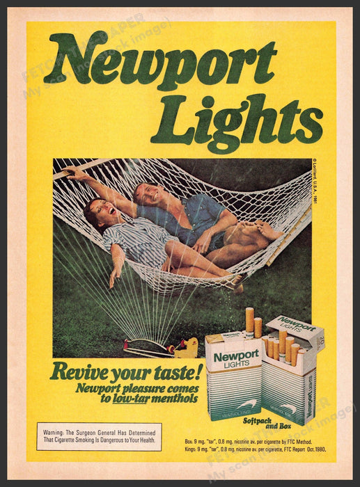 Newport Lights 1980s Magazine Print Advertisement 1981 Sprinkler Hammock Couple Fetch-the-Paper