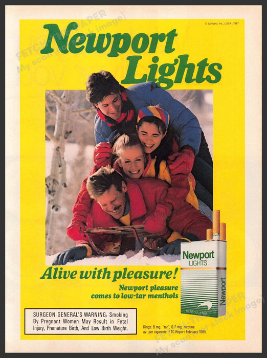 Newport Lights 1980s Magazine Print Advertisement 1988 Tobogganing Sledding Fetch-the-Paper