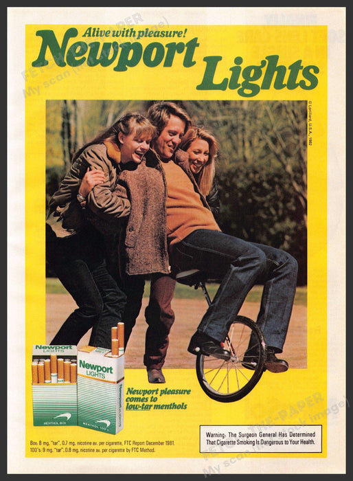 Newport Lights 1980s Print Advertisement 1982 Friends Unicycle Fetch-the-Paper