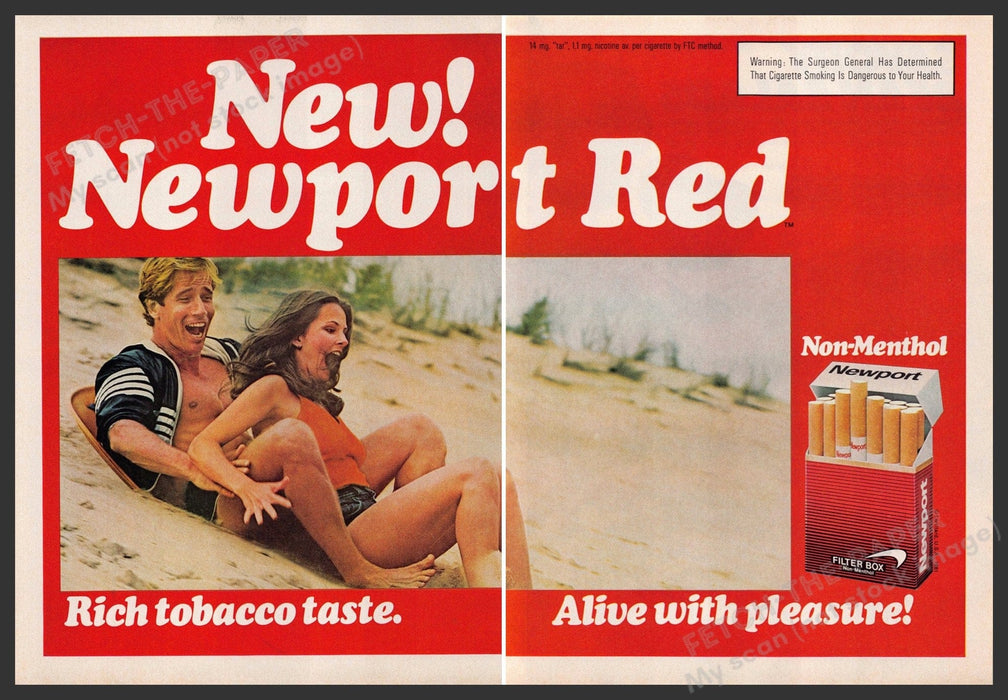 Newport Red 1980s Print Advertisement (2 pages) 1981 Couple Sledding Sand Dune Newport Cigarettes
