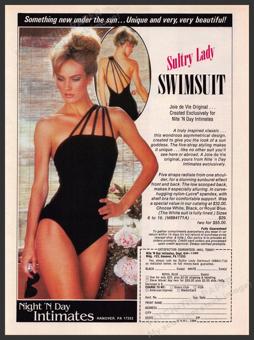 Night 'N Day Intimates 1980s Print Advertisement 1984 Sultry Lady Swimsuit Night 'N Day Intimates