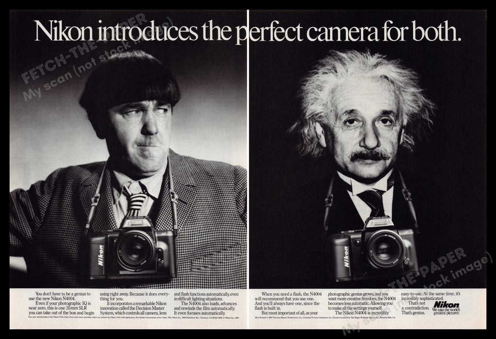 Nikon N4004 Camera 1980s Print Advertisement Ad (2 Page) 1987 Einstein Stooges Fetch-the-Paper