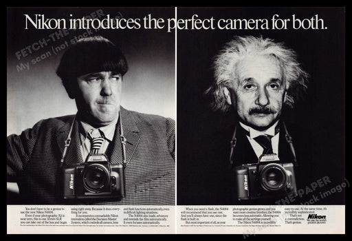 Nikon N4004 Camera 1980s Print Advertisement Ad (2 Page) 1987 Einstein Stooges Fetch-the-Paper
