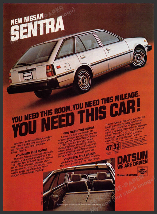 Nissan Sentra 1980s Print Advertisement 1982 "You need this car" Fetch-the-Paper