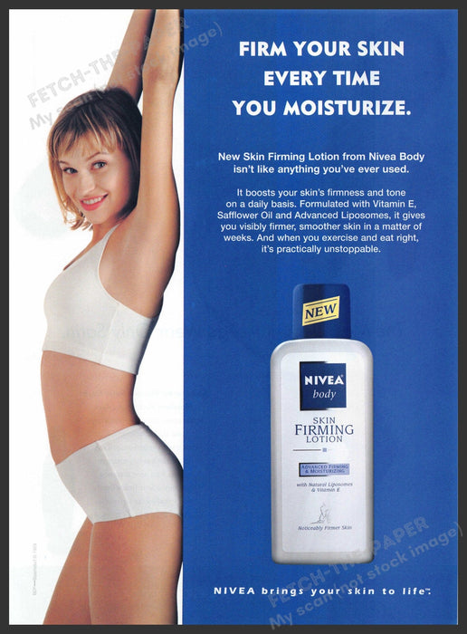 Nivea Skin Firming Lotion 1990s Print Advertisement 1999 Blonde Arms Stretched Fetch-the-Paper