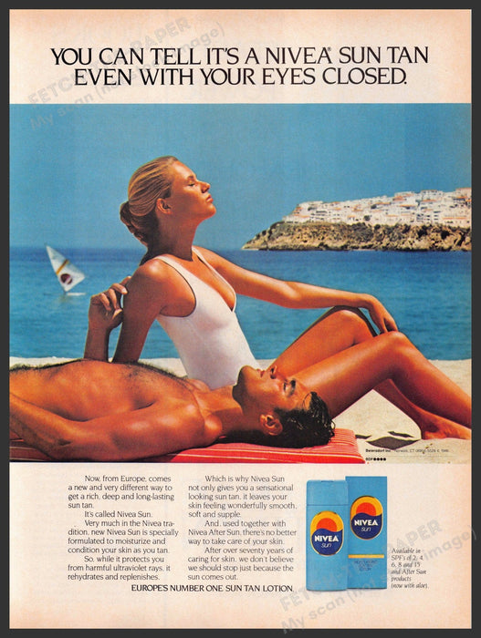 Nivea Sun Tan 1980s Print Advertisement 1986 Europe Couple Ocean Water Legs Fetch-the-Paper