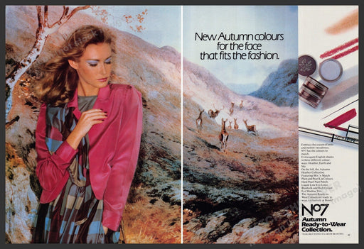 No. 7 Autumn Ready to Wear Cosmetics 1980s Print Advertisement (2 pages) 1980 Fetch-the-Paper