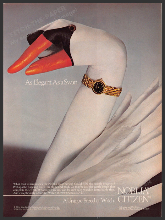 Noblia Citizen Watch 1980s Print Advertisement 1986 Swan "Unique breed of watch" Fetch-the-Paper