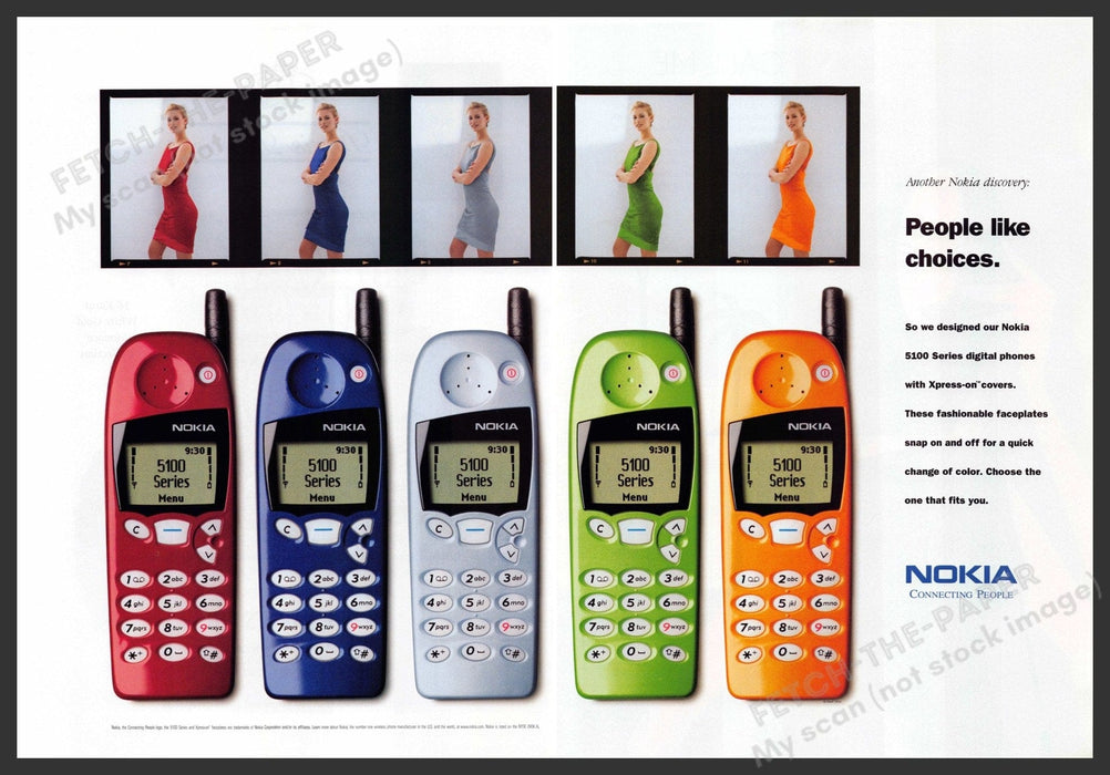 Nokia 5100 Series 1990s Print Ad (2 page) 1999 Colors Cell Phone Promo Fetch-the-Paper