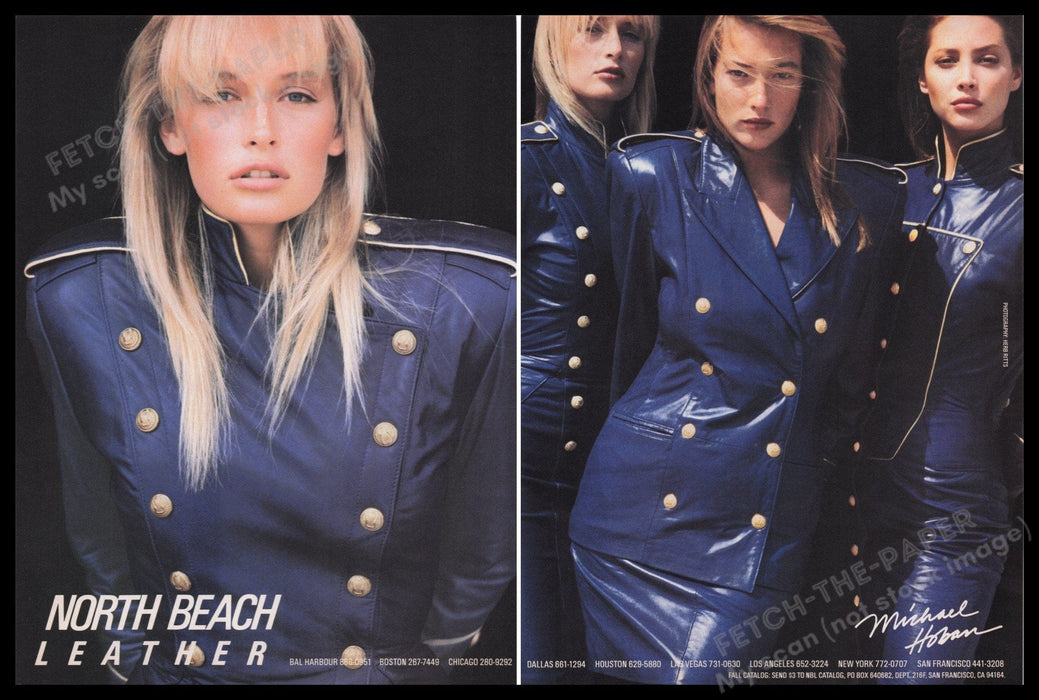 North Beach Leather 1980s Print Advertisement (2 pages) 1987 Blue Models Dresses Fetch the Paper!