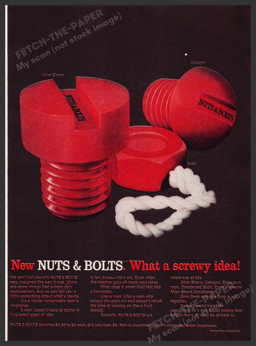 Nuts & Bolts Men's Products 1960s Print Advertisement Ad 1969 Fragrance Body Fetch the Paper!