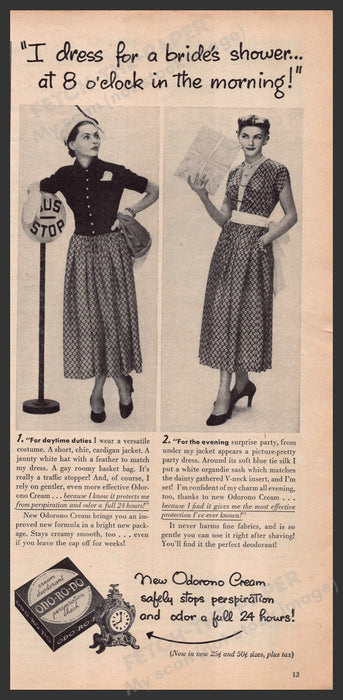 Odorono Cream Deodorant 1940s Print Advertisement Ad 1949 For Daytime or Evening Fetch-the-Paper